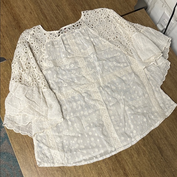 Johnny Was great shape eyelet embroidered cream ruffle sleeves plaid blouse top - Picture 6 of 8